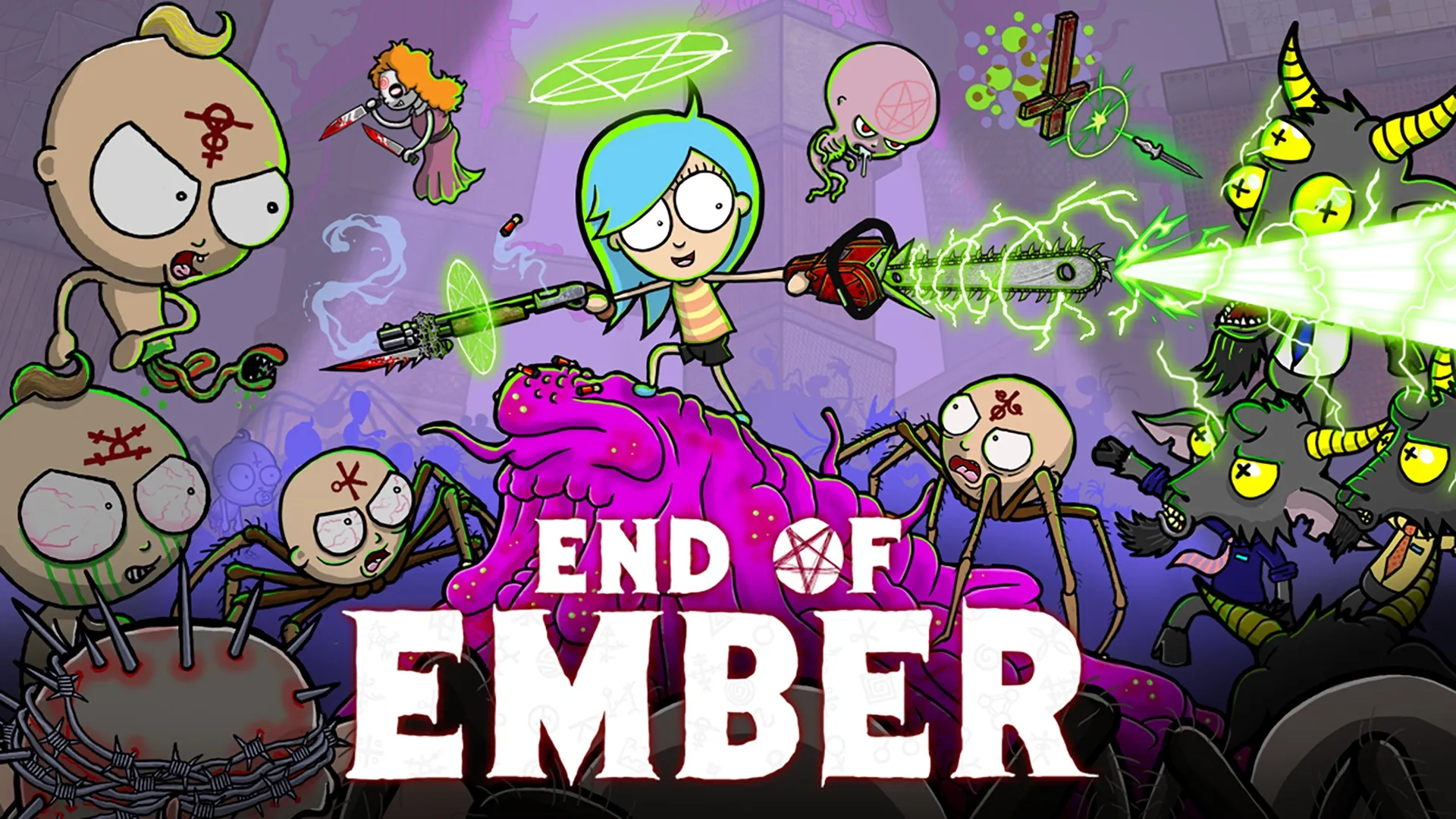 The main character Ember fighting a hoard of outlandish enemies.