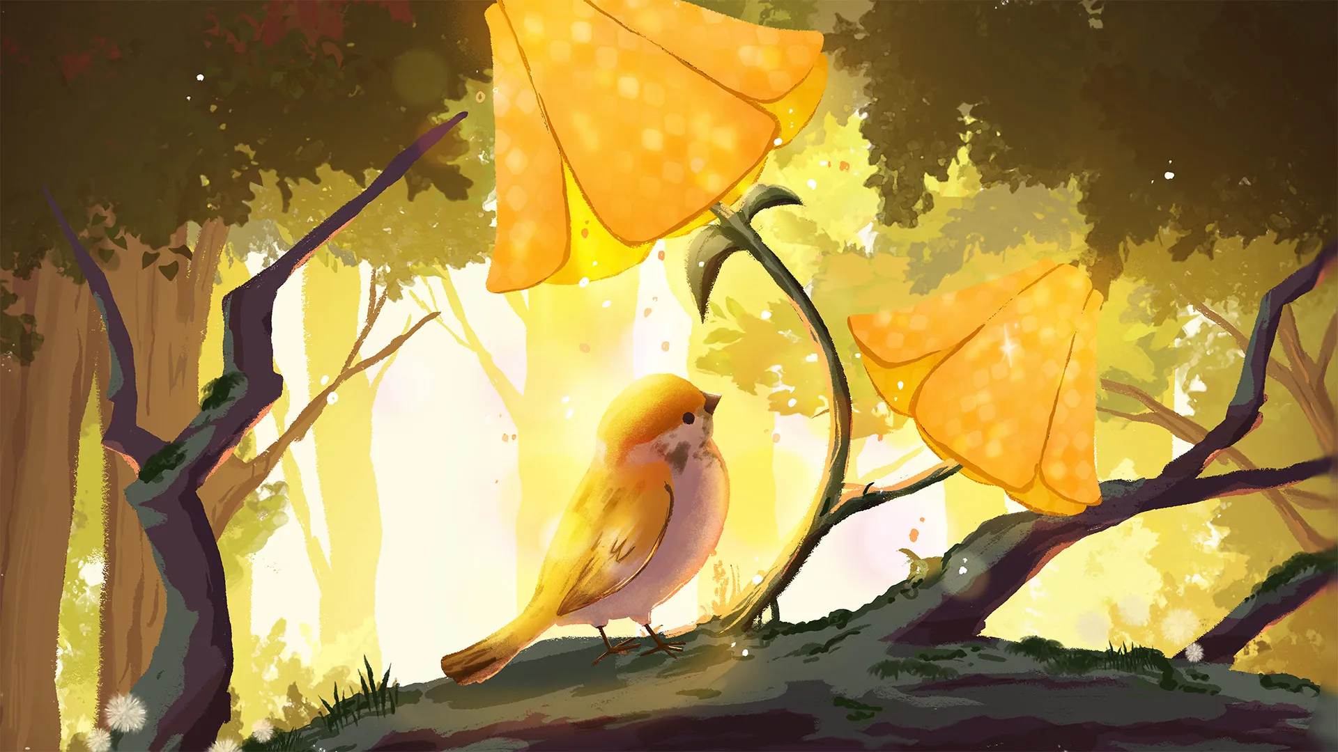 A stylised commissioned artwork of a bird sitting on a tree looking up at plants that appear as lampshades.