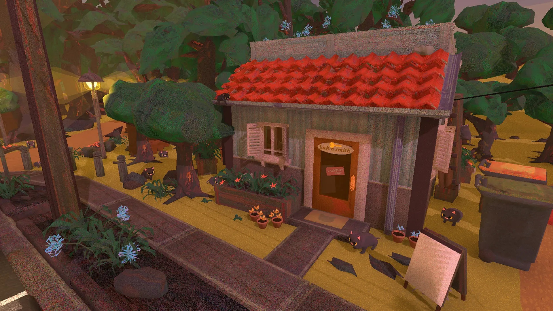 A screenshot of the first main area of the game: a small shop with a cat as its owner.