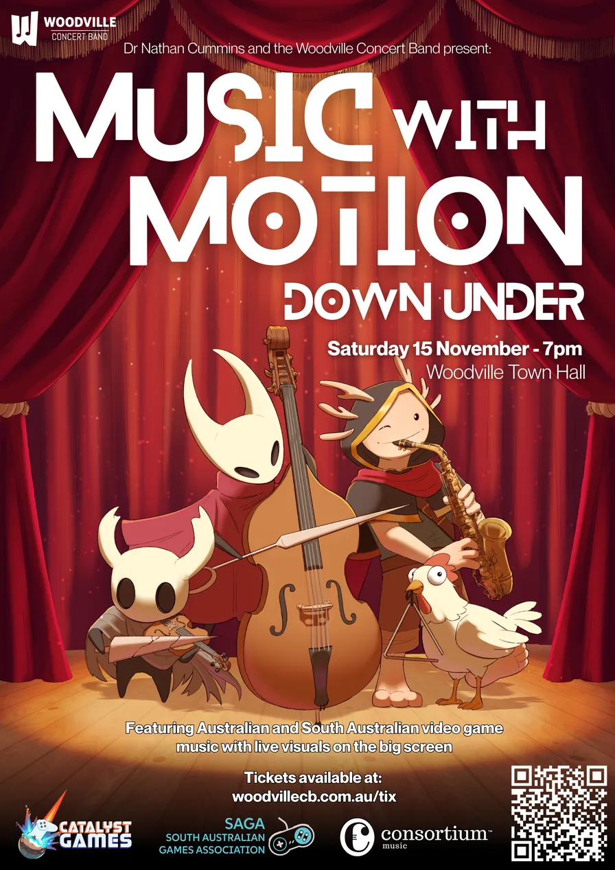 The poster by Hannah Ewart featuring characters from various South
Australian video games including "Hollow Knight", "Hollow Knight: Silksong",
"Dungeons and Dining Tables", and "Super BAWK BAWK
Chicken"