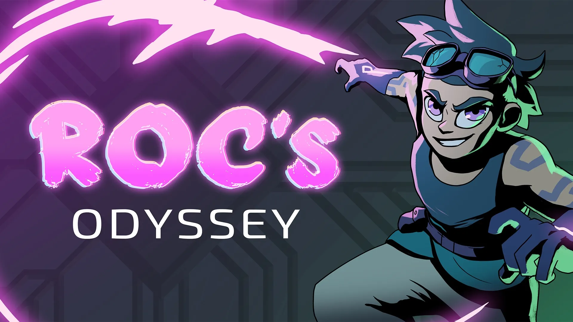 The key artwork for Roc's Odyssey: Roc, the main character, looking towards the screen with the title of the game to the left.